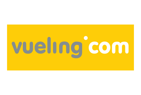 Logo de Vueling, avec le texte "vueling.com" sur fond jaune.