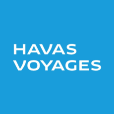 Logo de Havas Voyages sur fond bleu.