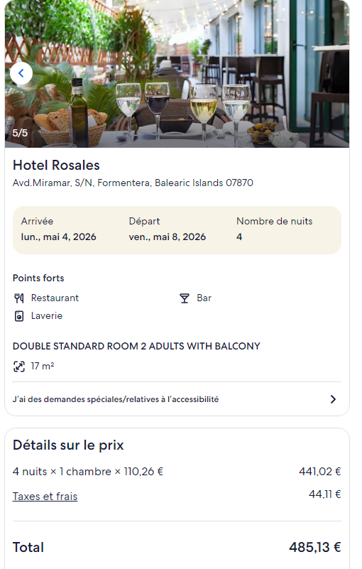 Réservation d'hôtel avec détails sur les dates, tarifs et total.