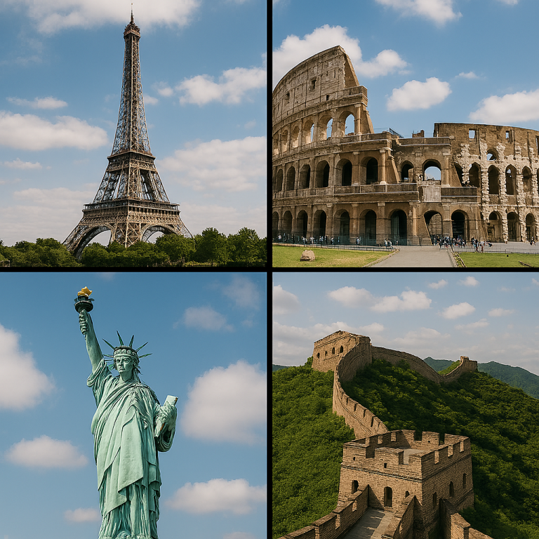 Eiffel Tower, Colisée, Statue de la Liberté, Grande Muraille de Chine.